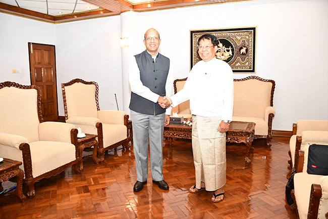 Union Minister for Foreign Affairs U Than Swe received Ambassadors of India and Saudi Arabia, Chargé d’Affaires of the Qatar Embassy and UN Resident Coordinator respectively at the Ministry of Foreign Affairs, Yangon (7 July 2023)