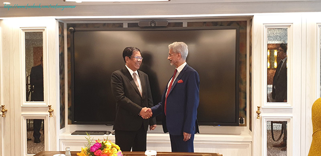 Union Minister for Foreign Affairs of Myanmar U Than Swe separately meets Indian External Affairs Minister H.E. Dr. S Jaishankar and Thai Deputy Prime Minister and Minister of Foreign Affairs H.E. Mr. Don Pramudwinai (16 July 2023)