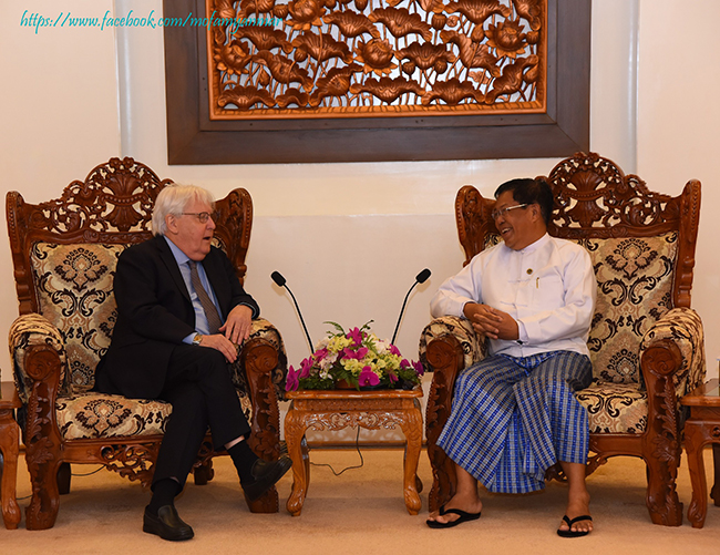 U Than Swe, Deputy Prime Minister and Union Minister for Foreign Affairs receives the delegation led by Mr. Martin Griffiths, Under-Secretary-General for UNOCHA (15 August 2023)