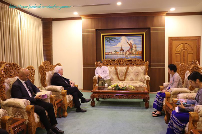 U Ko Ko Hlaing, Union Minister for Union Government Office (2) receives the delegation led by Mr. Martin Griffiths, Under-Secretary-General for UNOCHA (15 August 2023)