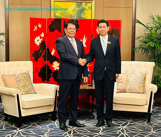 U Than Swe, Deputy Prime Minister and Union Minister for Foreign Affairs meets with Mr. Parnpree Bahiddha Nukara, Deputy Prime Minister and Minister of Foreign Affairs of the Kingdom of Thailand (7-12-2023, Beijing)
