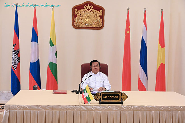 Prime Minister of the Republic of the Union of Myanmar, Senior General Min Aung Hlaing participates in the 4th Mekong-Lancang Cooperation Leaders’ Meeting as Co-Chair via video-conference (25-12-2023, Nay Pyi Taw)