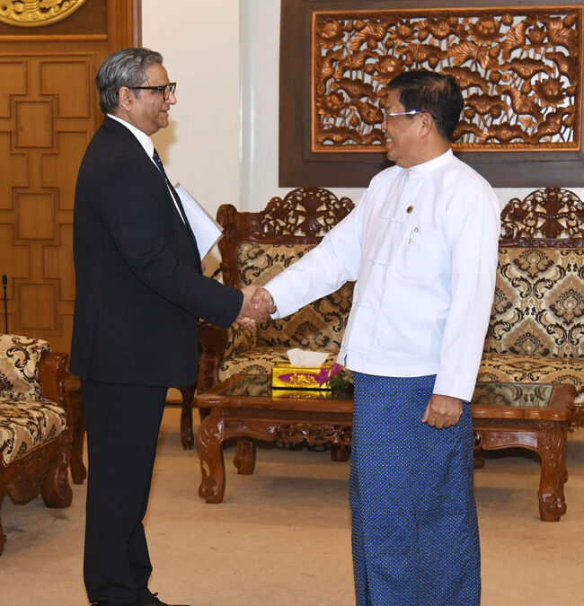 U Than Swe, Deputy Prime Minister and Union Minister for Foreign Affairs receives Mr. Sajjad Mohammad Sajid, Head of Office of the United Nations Office for the Coordination of Humanitarian Affairs (5 Feb 2024, Nay Pyi Taw)