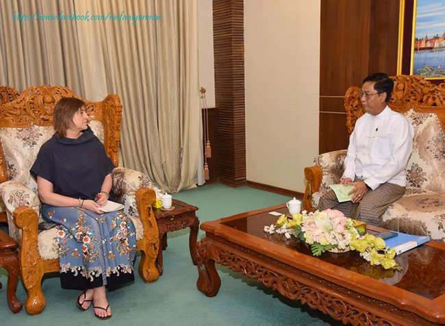 U Lwin Oo, Deputy Minister for Foreign Affairs receives Ms. Elena Ajmone Sessera, Resident Representative of the International Committee of the Red Cross (7 May 2024, Nay Pyi Taw)