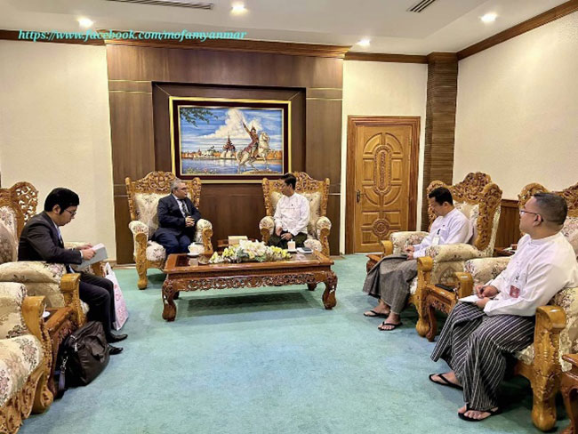 U Lwin Oo, Deputy Minister for Foreign Affairs receives Ambassador Indra Mani Pandey, Secretary General of BIMSTEC during his Introductory Visit to Myanmar (23 July 2024, Nay Pyi Taw)