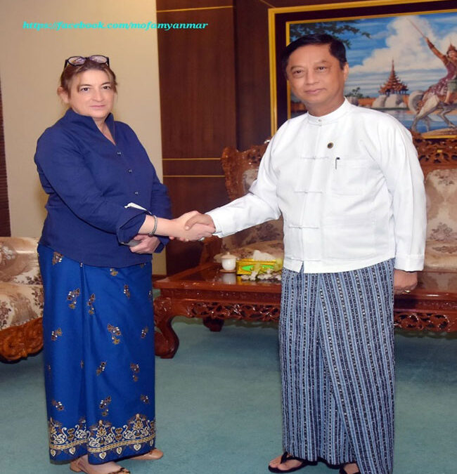 U Lwin Oo, Deputy Minister for Foreign Affairs receives Ms. Elena Ajmone Sessera, Resident Representative of the International Committee of the Red Cross (24-7-2024, Nay Pyi Taw)