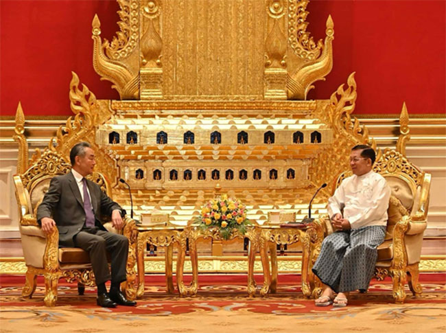 SAC Chairman Prime Minister Senior General Min Aung Hlaing receives a delegation led by HE Mr Wang Yi, Member of the Political Bureau of the CPC Central Committee and Minister of Foreign Affairs of China (14 August 2024)